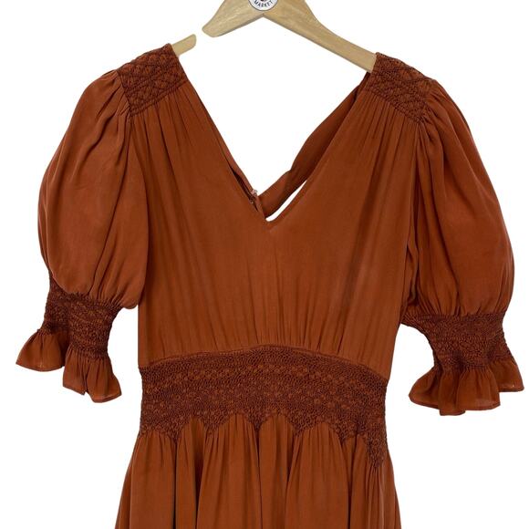 LOVE SAM Blixen Smocked Dress  Sz S 100% Silk Cognac Brown Ruffles Boho Cowgirl - Picture 11 of 14